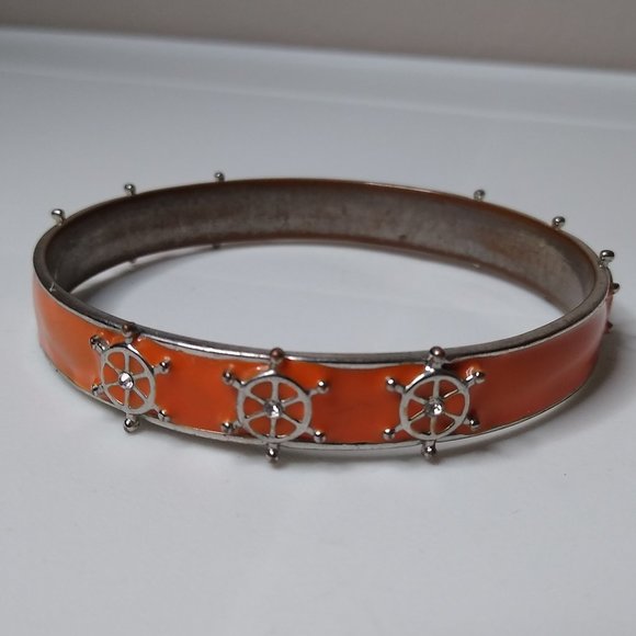 Vintage Orange Enamel Ship Helm Metal Bangle - Picture 1 of 15